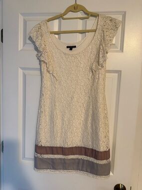 American Eagle Outfitters Cream Lace Mini Dress with Tan and Gray Bands
